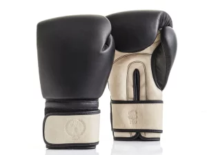 PRO BLACK/CREAM LEATHER BOXING GLOVES (STRAP UP) 